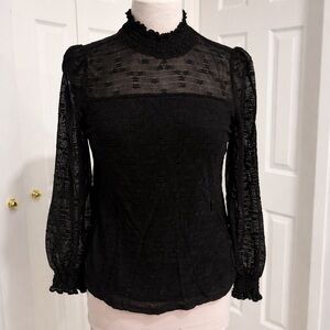 Adrianna Papell Black Lace Mock-Neck Long-Sleeve Blouse